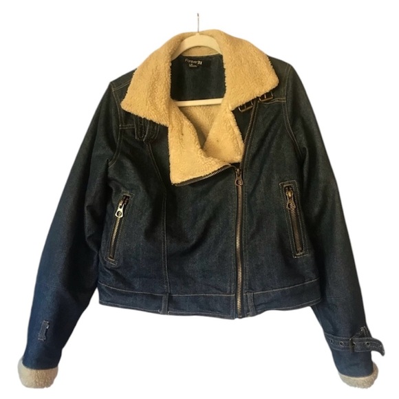 Forever 21 Denim Sherpa Lined Jean Jacket Size Junior Large - Picture 1 of 5